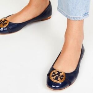 Tory Burch Minnie Navy Blue & Gold Signature Logo Leather Ballet Flats Shoes - 7